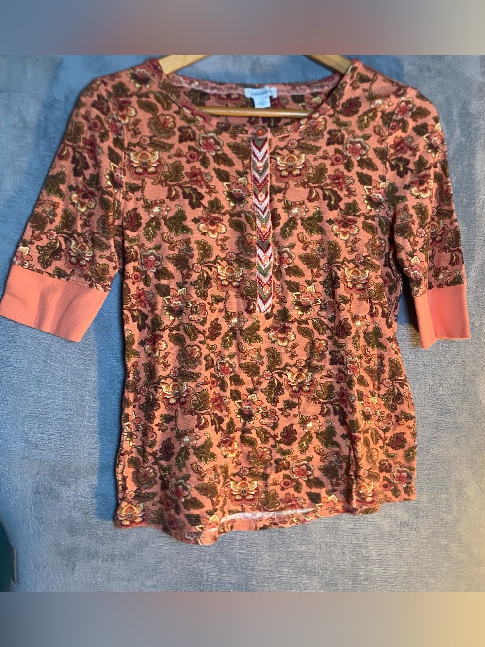 Sundance floral orange 3/4 sleeve waffle knit Henley top small cotton twilight